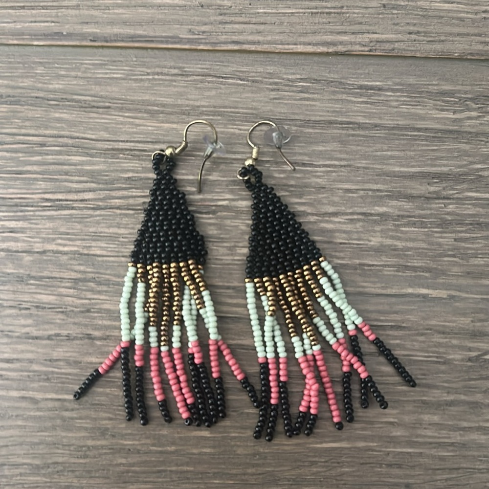Ink + Alloy Beaded Fringe Earrings - Black, Gold, Mint, Pink - Picture 2 of 3